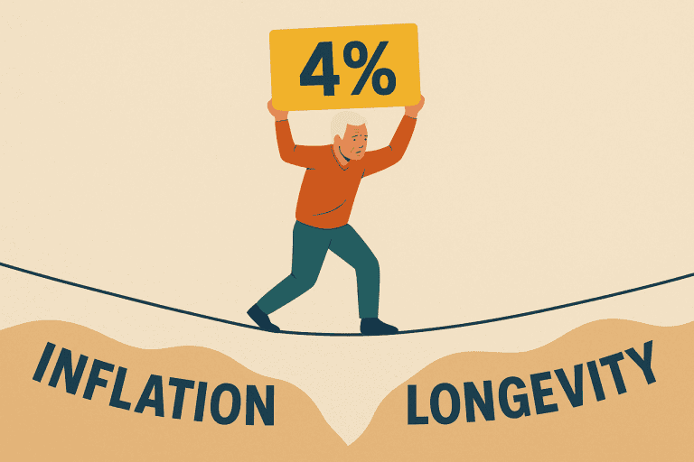 Illustration of a retiree walking a tightrope labeled “Inflation” and “Longevity” while holding a yellow “4%” sign, symbolizing the challenge of maintaining financial balance in retirement.