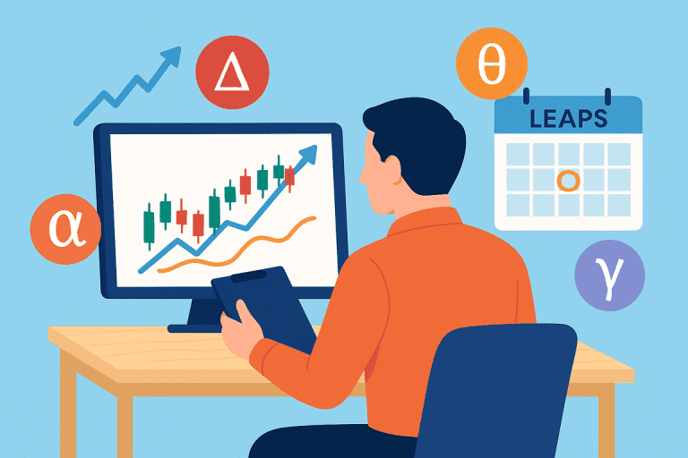 Vector illustration of a retail investor evaluating long-term options strategies, with charts