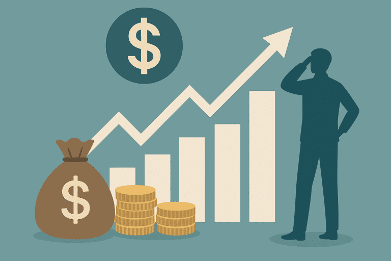 A flat vector illustration showing financial growth symbols, including rising bar charts, an upward arrow, stacked gold coins, a money bag, and a person observing the chart.