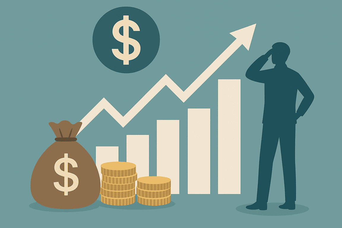 A flat vector illustration showing financial growth symbols, including rising bar charts, an upward arrow, stacked gold coins, a money bag, and a person observing the chart.
