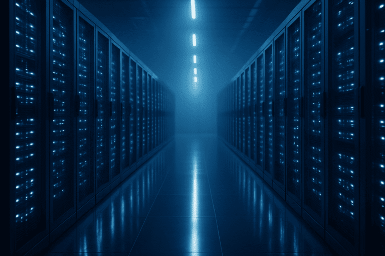 Modern AI data center interior with glowing blue server racks and polished reflective floors in a futuristic environment.