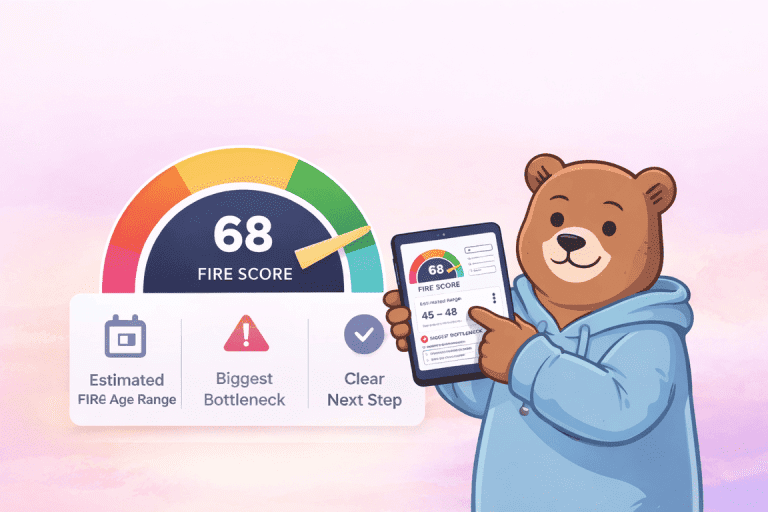 Illustration of a bear holding a tablet with a visual FIRE Score gauge, representing financial independence progress