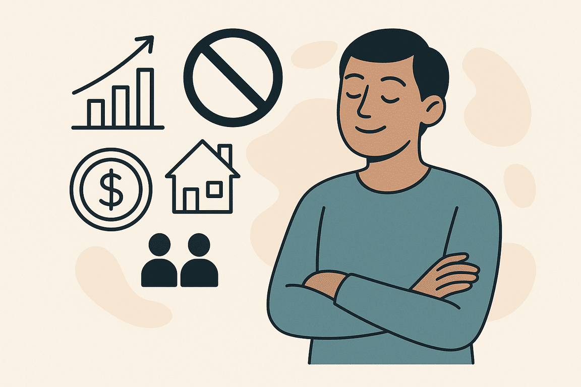 A calm person with folded arms ignoring financial comparison icons, including a chart, dollar symbol, house, and people, in a minimalist vector style.