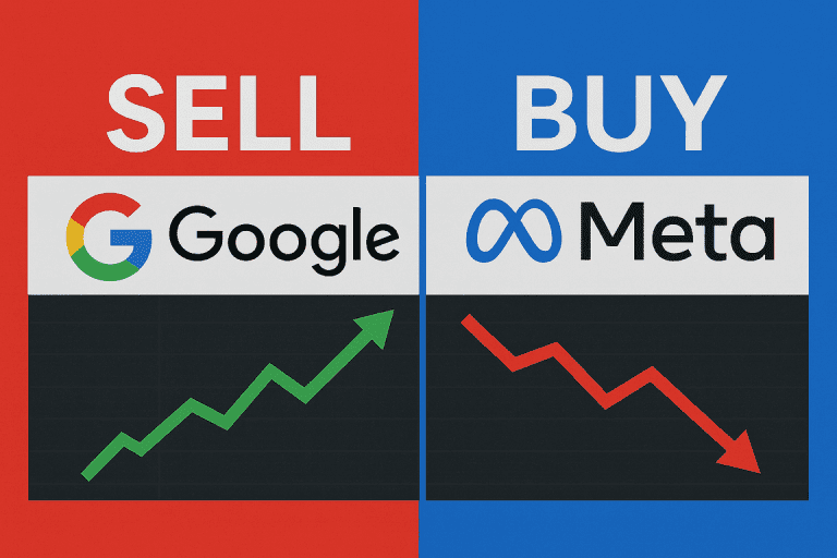 Split graphic showing “Sell Google” on a red background with an upward stock chart, and “Buy Meta” on a blue background with a downward stock chart, illustrating a potential rotation between the two stocks.