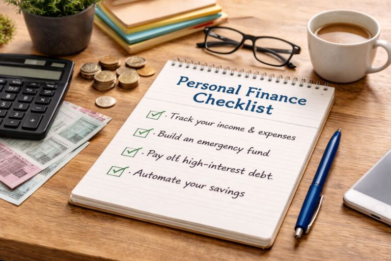 Personal finance checklist on a desk showing steps to manage money and build savings