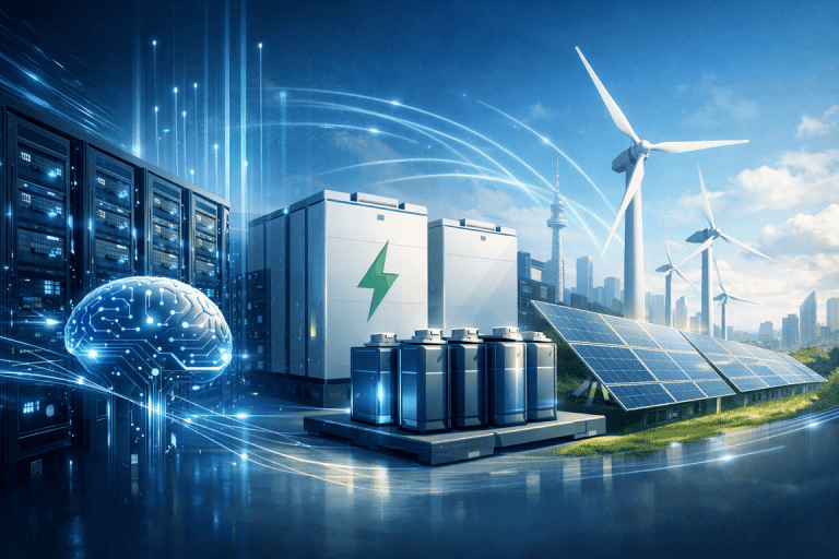 Future investment sectors illustration featuring artificial intelligence infrastructure, battery energy storage, renewable energy, and digital technology trends for 2026.