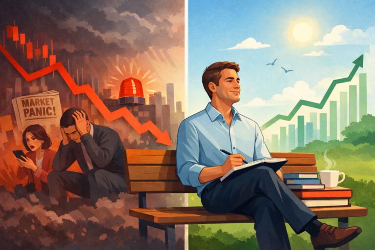 Illustration showing investor psychology during a market sell-off, contrasting panic-driven reactions with a calm, long-term investing mindset.