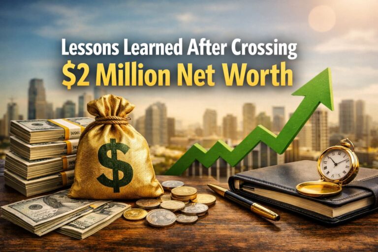 Lessons learned after crossing $2 million net worth with money stacks, gold coins, upward growth arrow, and city skyline background