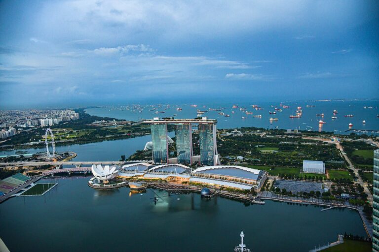 Singapore skyline featuring Marina Bay Sands and Singapore Flyer at sunset, representing early retirement and financial independence