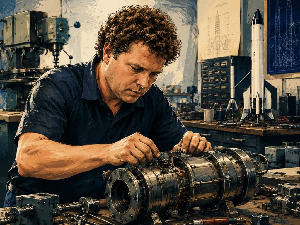 Illustration of Peter Beck working on rocket machinery in an engineering workshop before founding Rocket Lab