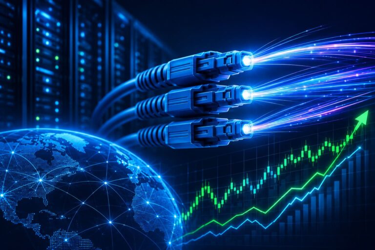 Futuristic illustration of optical fiber connectivity cables inside an AI data center with glowing network lights and rising stock market charts