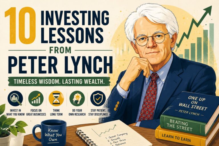 Illustration of Peter Lynch with stock market charts and investing concepts for an article about 10 timeless investing lessons and long-term wealth building.
