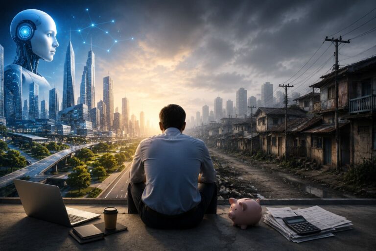 A cinematic illustration of a middle-class office worker sitting between a futuristic AI-powered city and a deteriorating urban landscape, symbolizing financial uncertainty in the age of artificial intelligence.