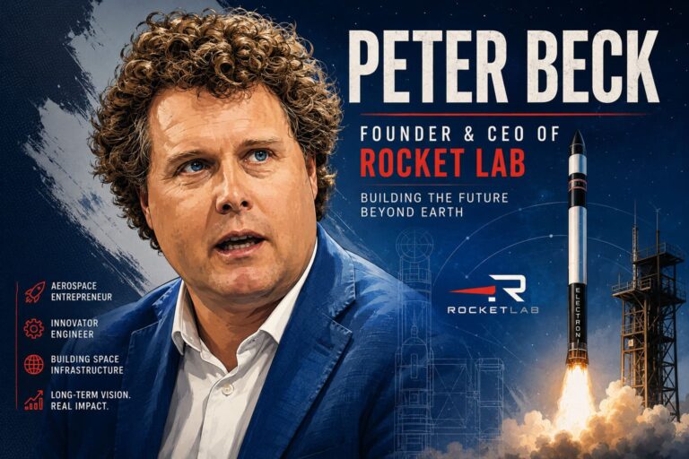 Illustration of Peter Beck, Rocket Lab founder and CEO, with an Electron rocket launch in the background