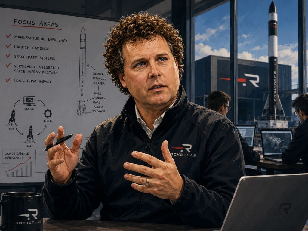 Illustration of Peter Beck leading an engineering discussion inside Rocket Lab while reviewing rocket systems and manufacturing plans
