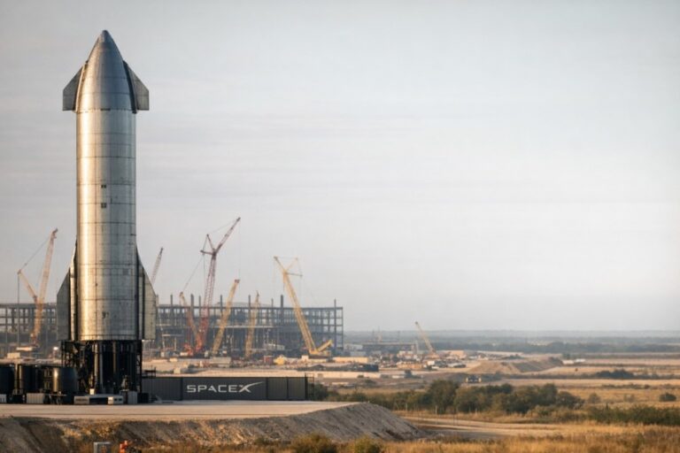SpaceX Starship rocket standing at the launch site with construction cranes and infrastructure in the background