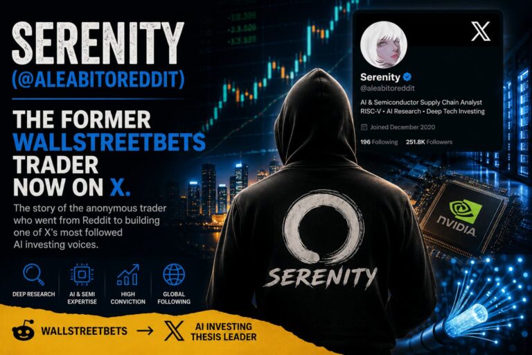 Illustration of Serenity (@aleabitoreddit), the former WallStreetBets trader turned AI investing researcher on X, surrounded by stock charts, semiconductor technology, optical networking, and AI infrastructure imagery.