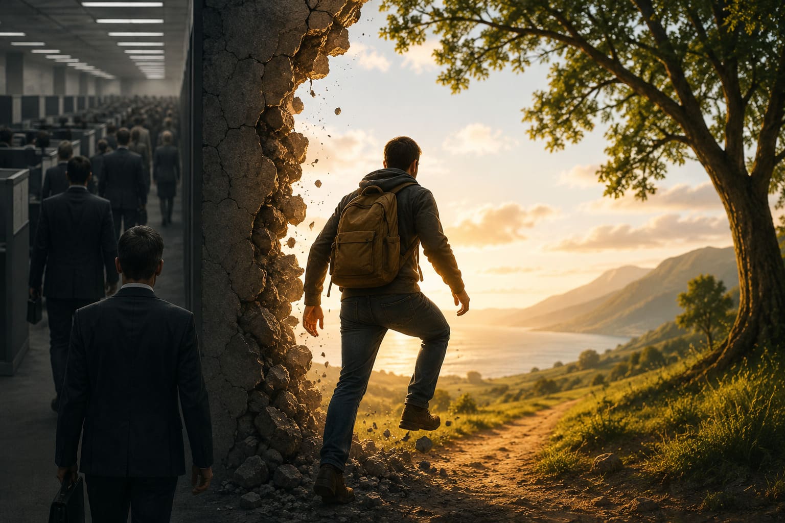 A man stepping through a broken wall from a dark corporate office into a bright open landscape symbolizing financial freedom and escaping the rat race.