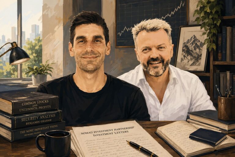 Illustrative featured image of the Nomad Investment Partnership founders in a warm office setting surrounded by investing books, financial notes, and long-term investing themes