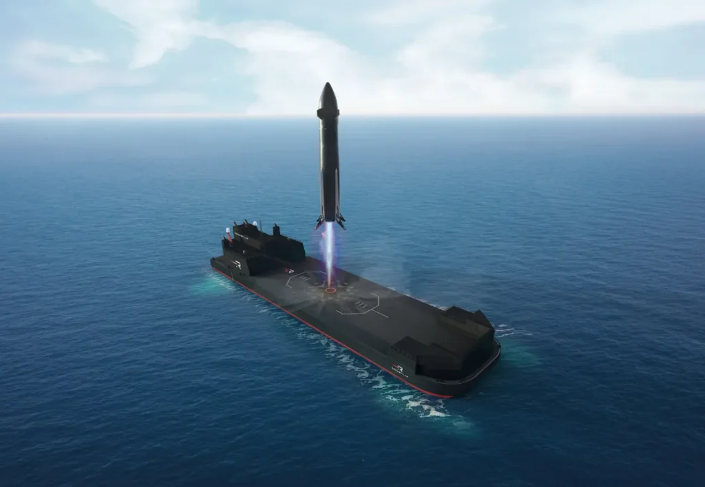 Rocket Lab Neutron reusable rocket launching vertically from an ocean landing platform during a spaceflight test render