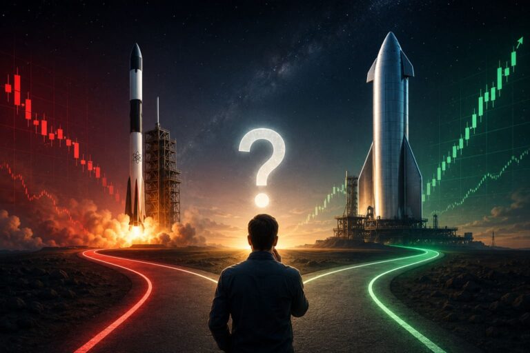 Illustration of an investor standing between two futuristic rockets under a starry night sky, symbolizing the decision between holding Rocket Lab stock or switching to SpaceX before a potential IPO.