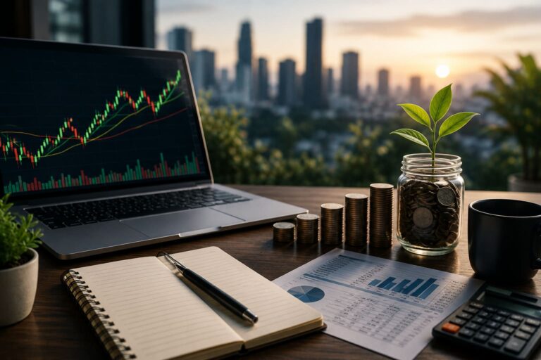Laptop displaying stock market charts beside growing stacks of coins and a savings jar on a desk, symbolizing wealth growth through active investing and long-term capital allocation.
