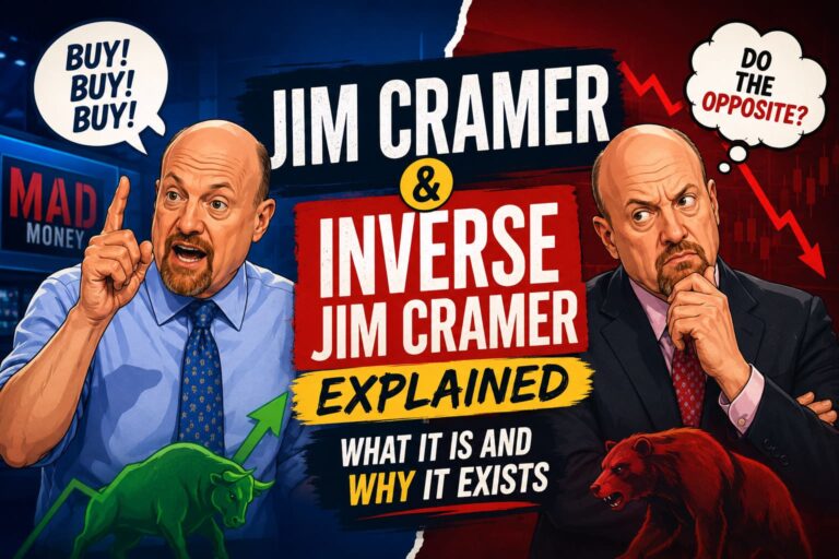 Illustrated comparison of Jim Cramer and the Inverse Jim Cramer strategy, featuring bullish and bearish stock market themes, trading charts, and investor sentiment.
