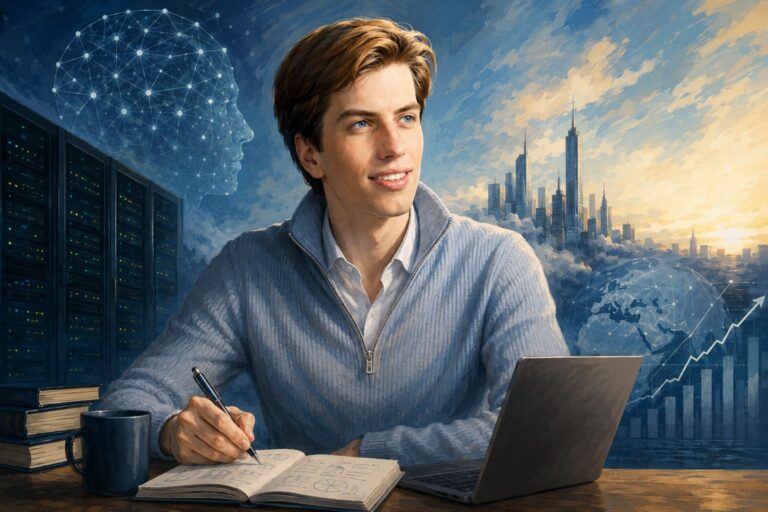 Illustration of an AI investor and researcher analyzing AGI trends, cloud infrastructure, and technology investments with data centers, neural networks, and growth charts in the background.
