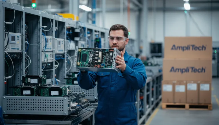 AmpliTech Group engineer inspecting a circuit board assembly on the manufacturing floor at the company's U.S.-based production facility