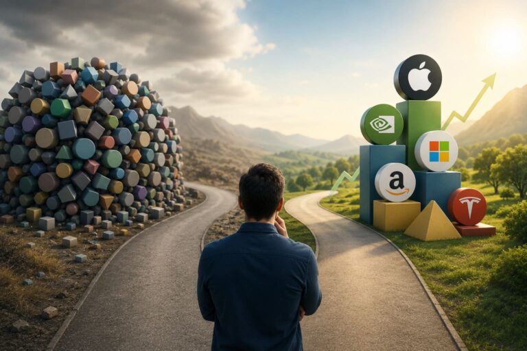 Illustration of an investor standing at a crossroads between an overcrowded portfolio path filled with countless investment options and a focused growth investing path featuring a small number of high-conviction stocks and an upward trend.