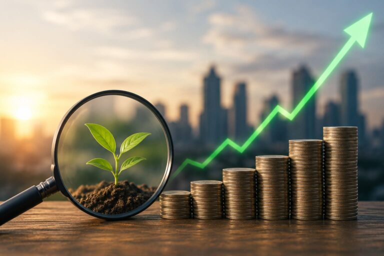 Magnifying glass examining a young plant beside rising stacks of coins with an upward growth trend, symbolizing the search for early multibagger investment opportunities.
