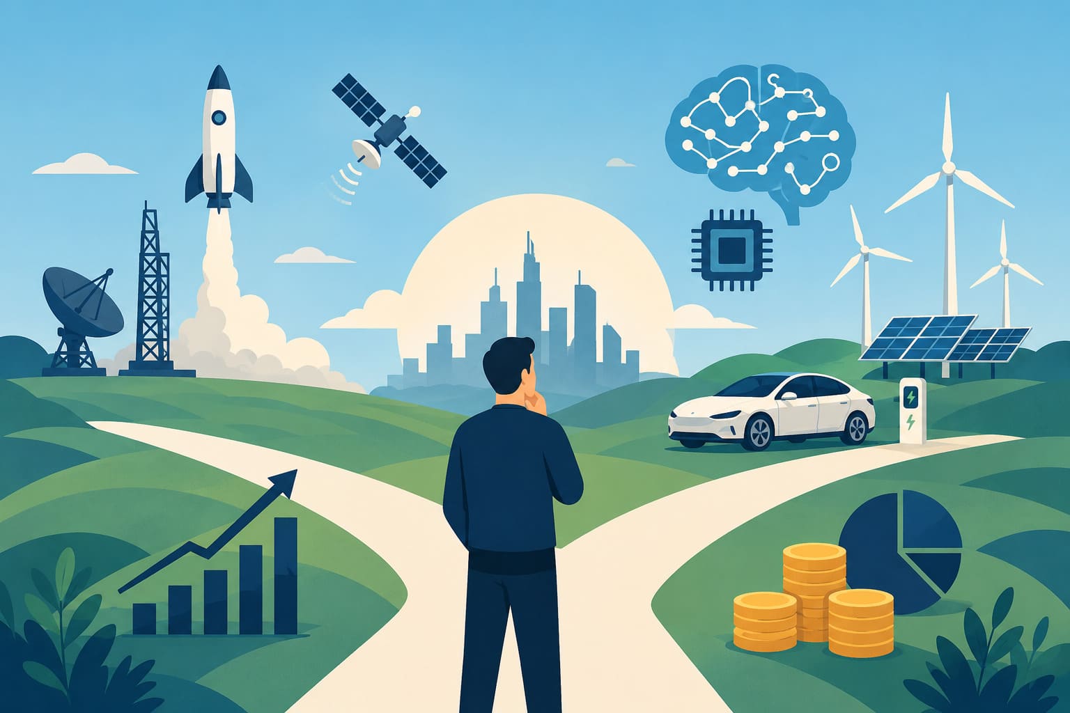 Flat-style illustration of an investor looking toward future growth themes including artificial intelligence, space technology, electric vehicles, renewable energy, and financial markets.