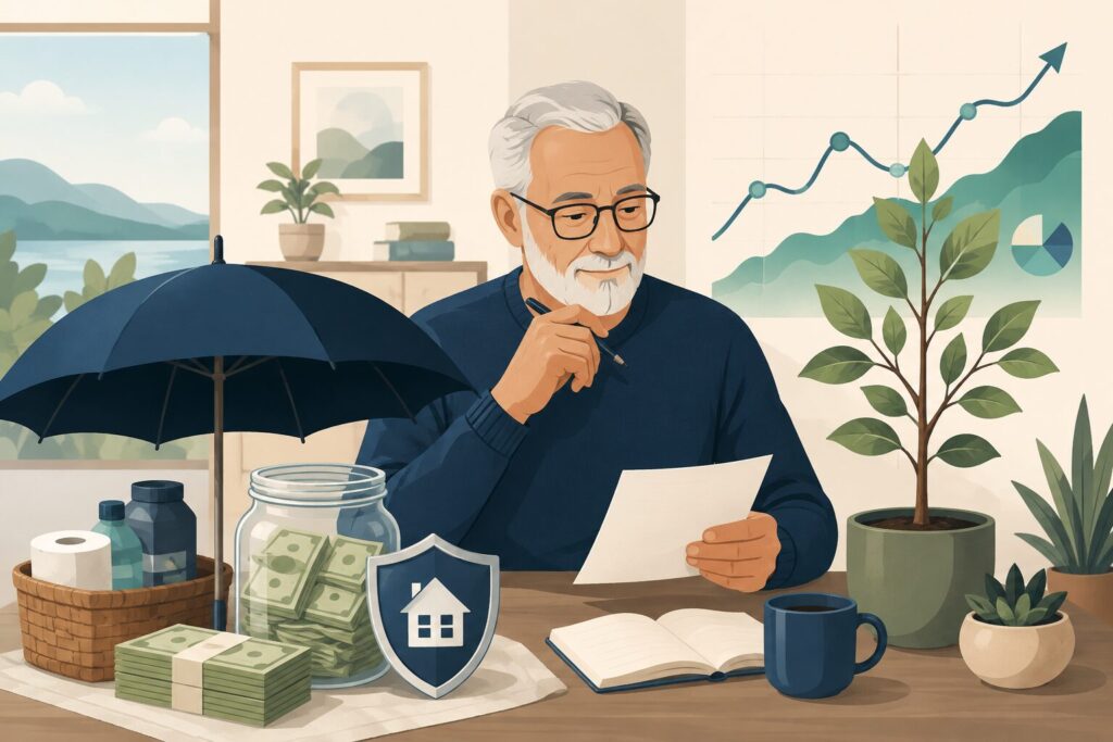 Early retiree reviewing his finances beside an emergency cash reserve, protective umbrella and growing investment portfolio.