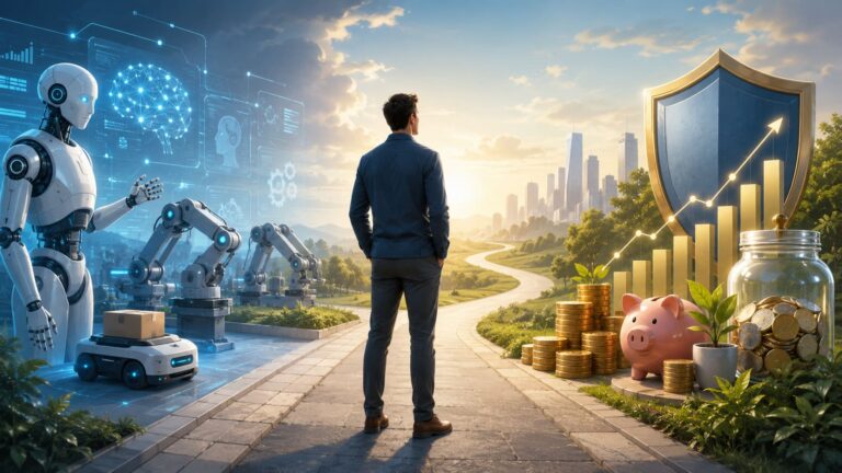 Professional standing between AI robotics and financial security symbols, representing financial preparation for the AI and automation era.
