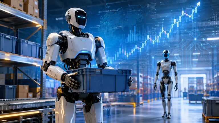 Humanoid robots working in a futuristic warehouse with an upward investment chart, representing Agility Robotics and the future of humanoid automation.