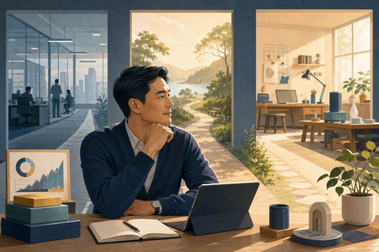 Man in his late 30s considering corporate work, retirement and independent passion projects after a layoff.