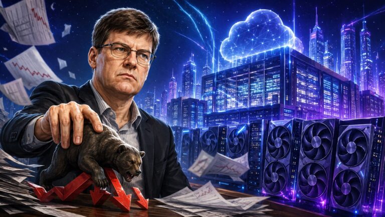 Michael Burry parody illustration shorting Nebius stock, with a bear, falling market arrows, GPUs and futuristic AI data center infrastructure.
