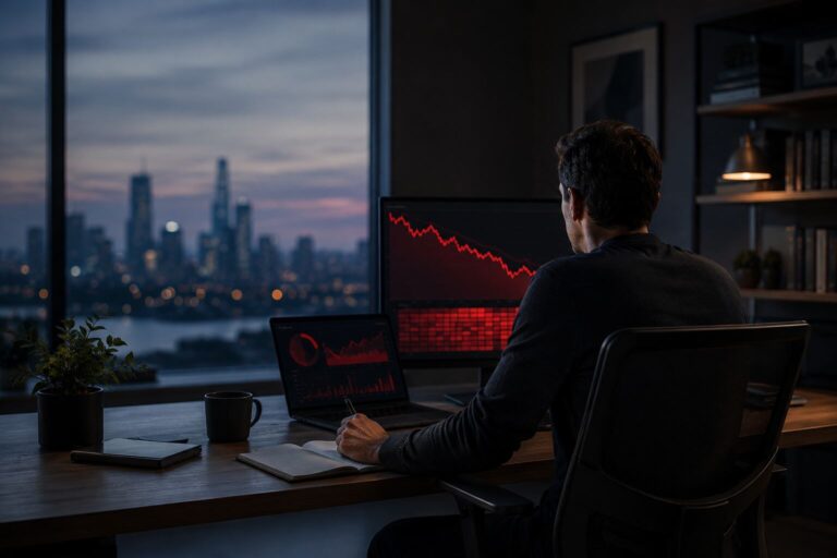 Investor calmly reviewing falling AI stock charts after a sharp portfolio decline
