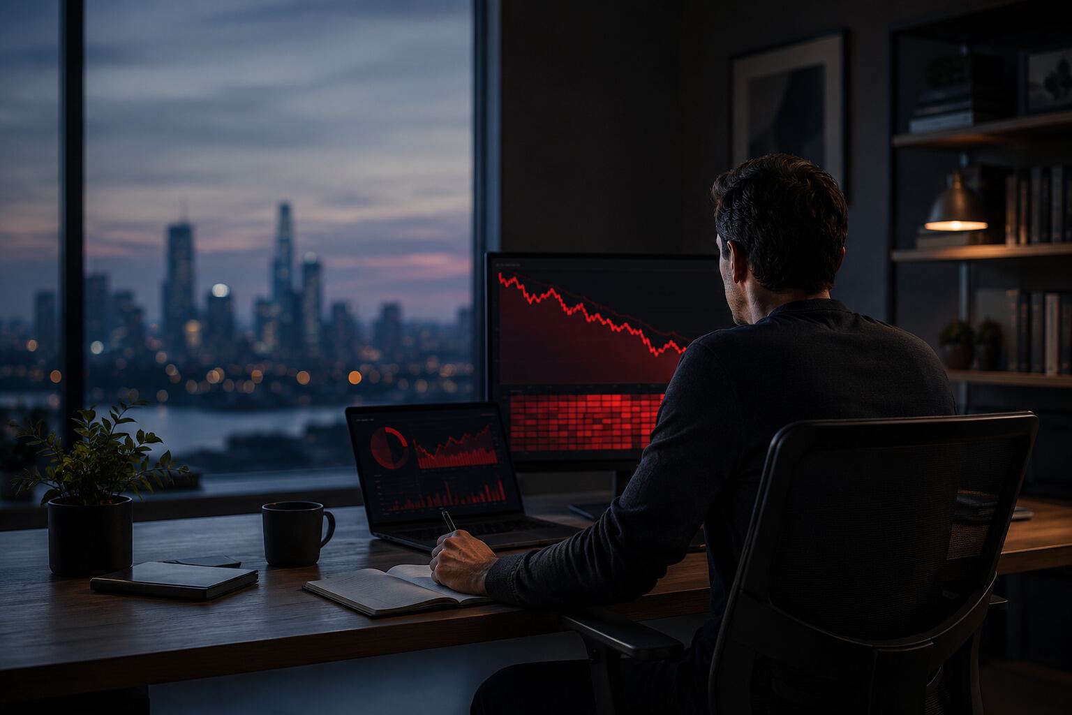 Investor calmly reviewing falling AI stock charts after a sharp portfolio decline