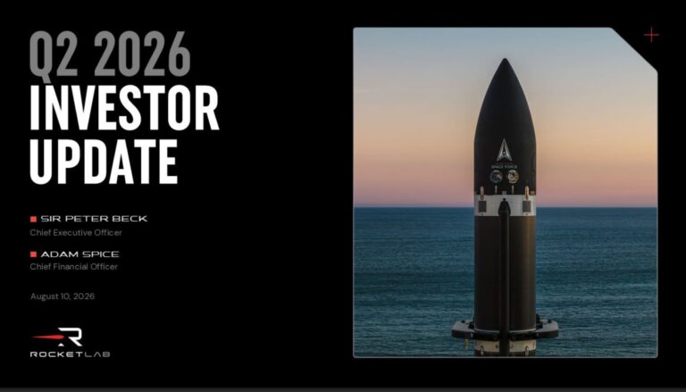 Rocket Lab Q2 2026 investor update featuring an Electron rocket and the company’s August 10, 2026 earnings presentation.