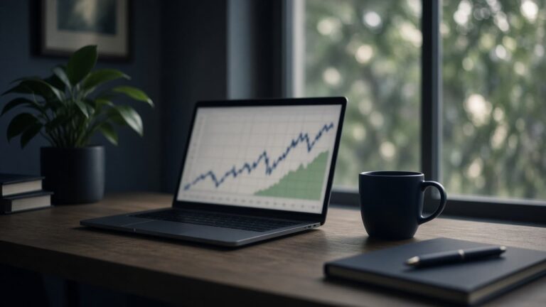 Investor desk with laptop showing a blurred market chart, suggesting a capital gains tax decision