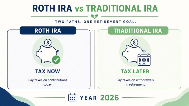 Illustration comparing Roth IRA and Traditional IRA tax timing for 2026