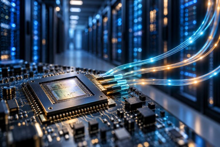 Photonic semiconductor chip connected to glowing optical fibres inside a modern AI data centre.
