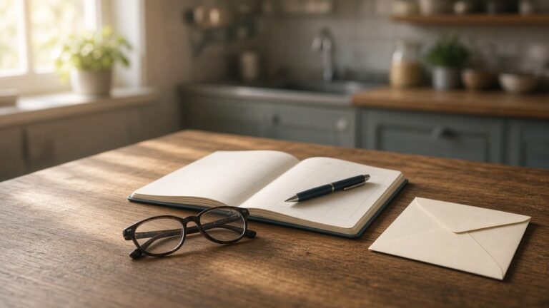 Kitchen table with reading glasses, calendar, and envelope suggesting Social Security retirement planning