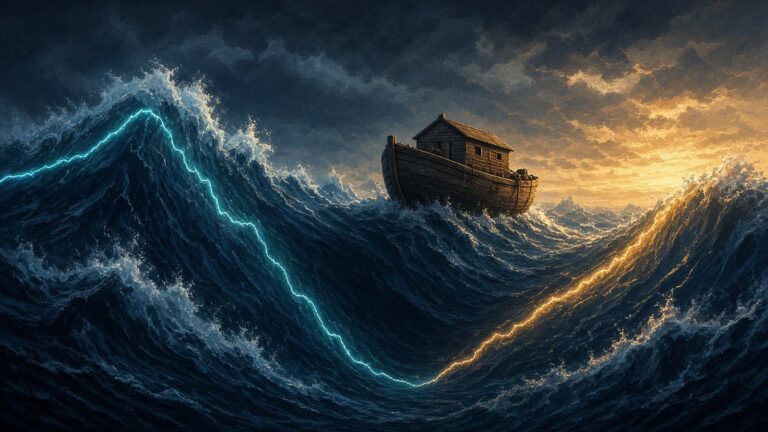 Wooden ark riding a stormy ocean wave whose crest traces a boom-and-bust stock chart line