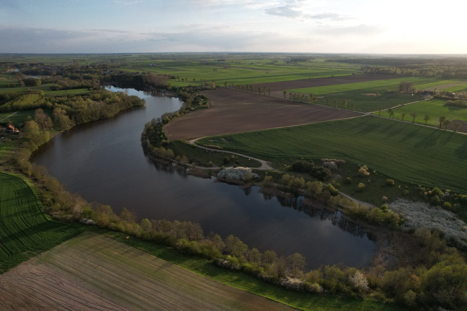 Aerial view of a river winding through varied fields toward the horizon, symbolizing owning the whole market with broad index funds